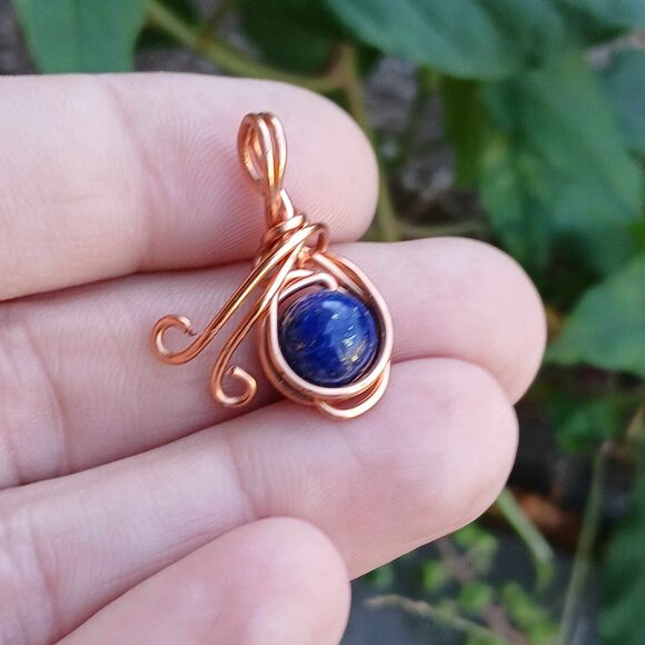 Lapis Lazuli Crystal Beaded Charm Pendant, Wire Wrapped, Copper, 8mm - Picture 3 of 3